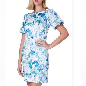 New Jessica Howard Scuba Floral Puff Sleeve Ivory Blue Sheath Mini Dress 14P